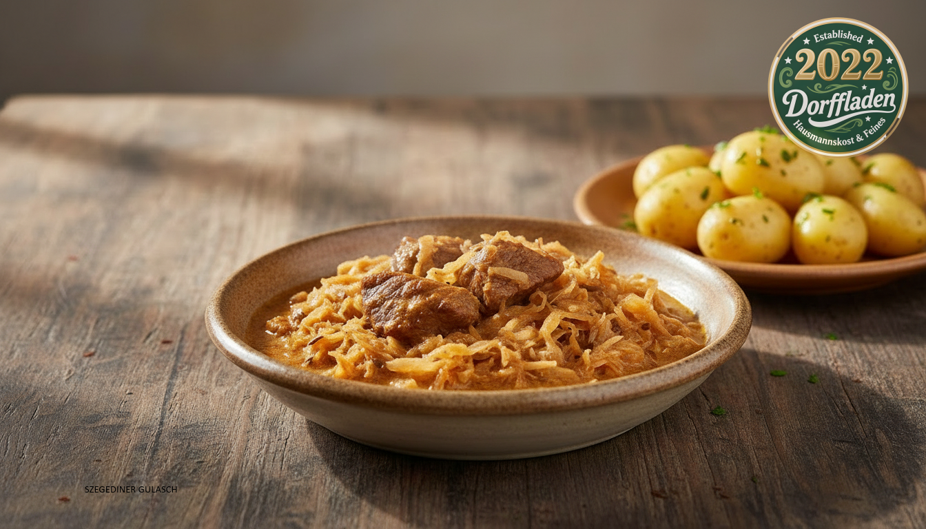 Szegediner Gulasch im Dorffladen, teilweise mit Ai bearbeitet
